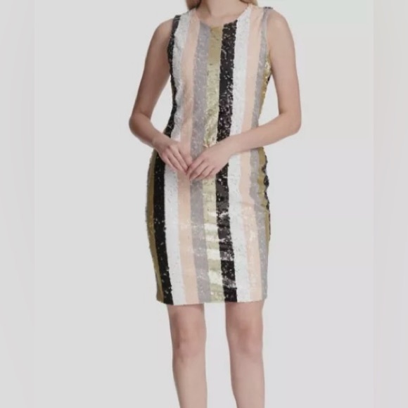 NWT Calvin Klein Sequin‎ Dress Sz 10 Glam Metallic Stripe Cocktail Party Retro - Picture 1 of 13